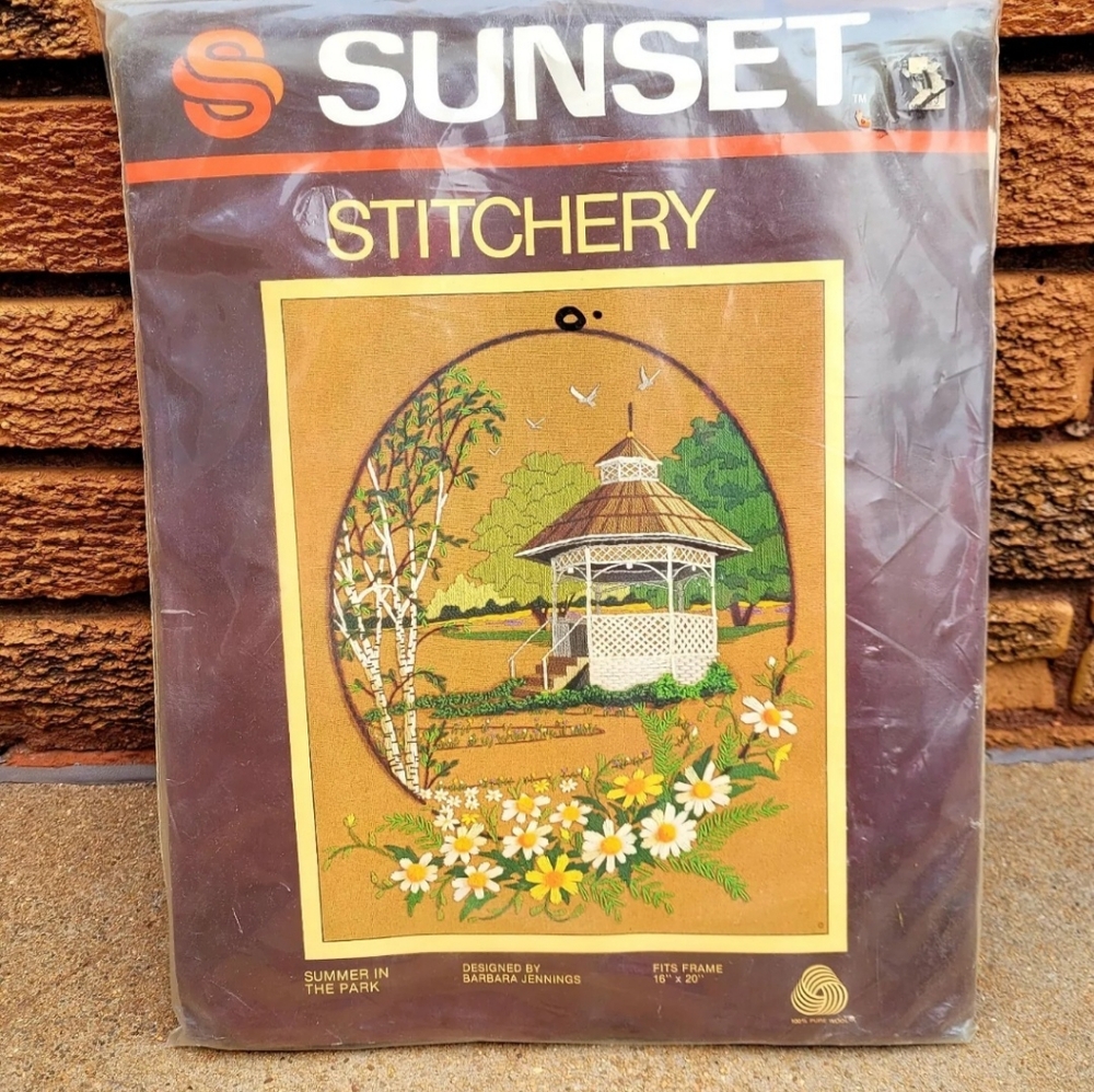 Vintage Sunset Summer In The Park Stitchery Embroidery Kit 16x20 Framed